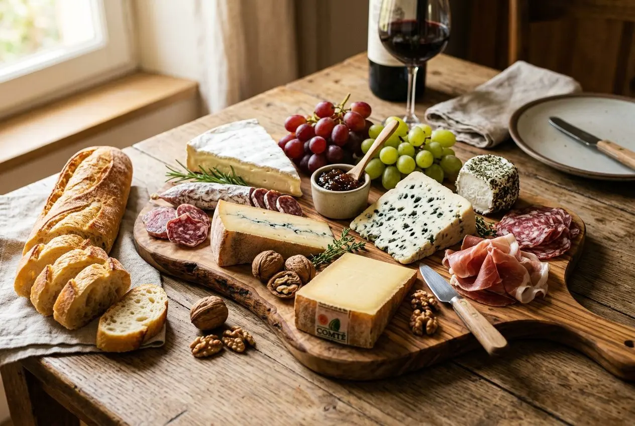 Plateau de fromages et charcuterie avec pain, raisin et vin rouge, décor rustique sur table en bois. 10 choses à savoir sur la france est évoqué.