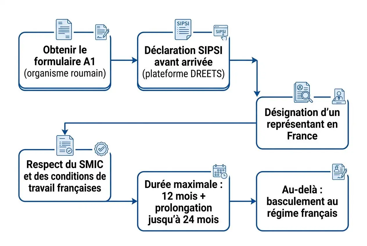 Processus d’embauche et formalités pour "embaucher un roumain" en France, avec étapes administratives et durée maximale.