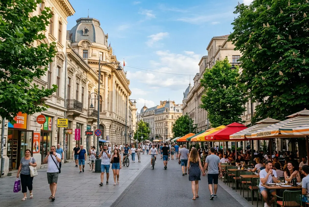 Promenade urbaine animée avec cafés en terrasse, bâtiments historiques et arbres alignant une rue commerçante. coût de la vie en roumanie 2025