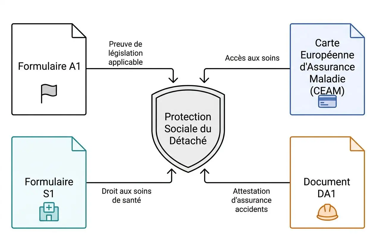 Protection sociale travailleur détaché illustrée par un bouclier centrale reliant formulaires A1 et S1, Carte européenne d’assurance maladie et document DA1.