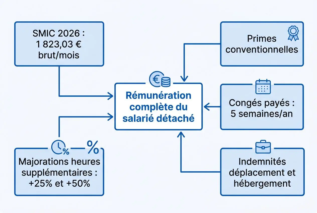 Rémunération complète du salarié détaché avec flèches vers primes conventionnelles, congés payés, indemnités déplacement et hébergement, SMIC 2026 et majorations heures supplémentaires. travailleur détaché en france réglementation.