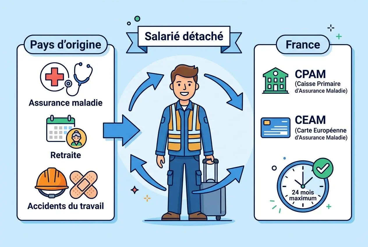 Salarié détaché: illustration d’un travailleur détaché en France entouré d’icônes de sécurité sociale et de droits. travailleur détaché en france réglementation présentée.