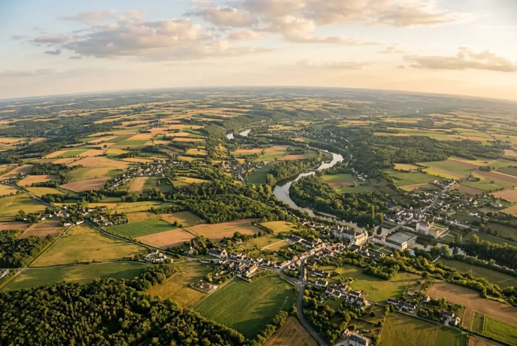 Vue aérienne d’un paysage rural français avec fleuve serpente, villages, champs et forêts, illustrant les régions verdoyantes de France. 10 choses à savoir sur la france.