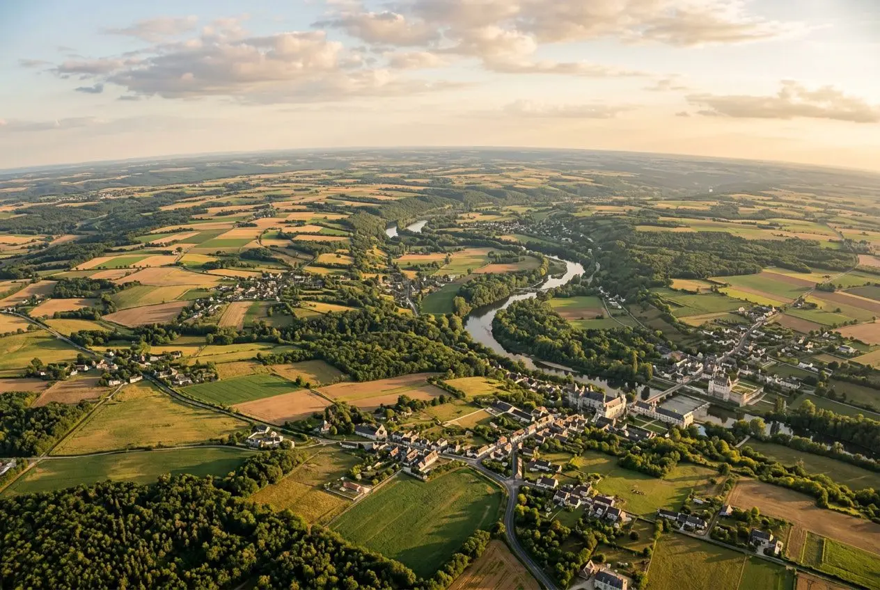 Vue aérienne d’un paysage rural français avec fleuve serpente, villages, champs et forêts, illustrant les régions verdoyantes de France. 10 choses à savoir sur la france.