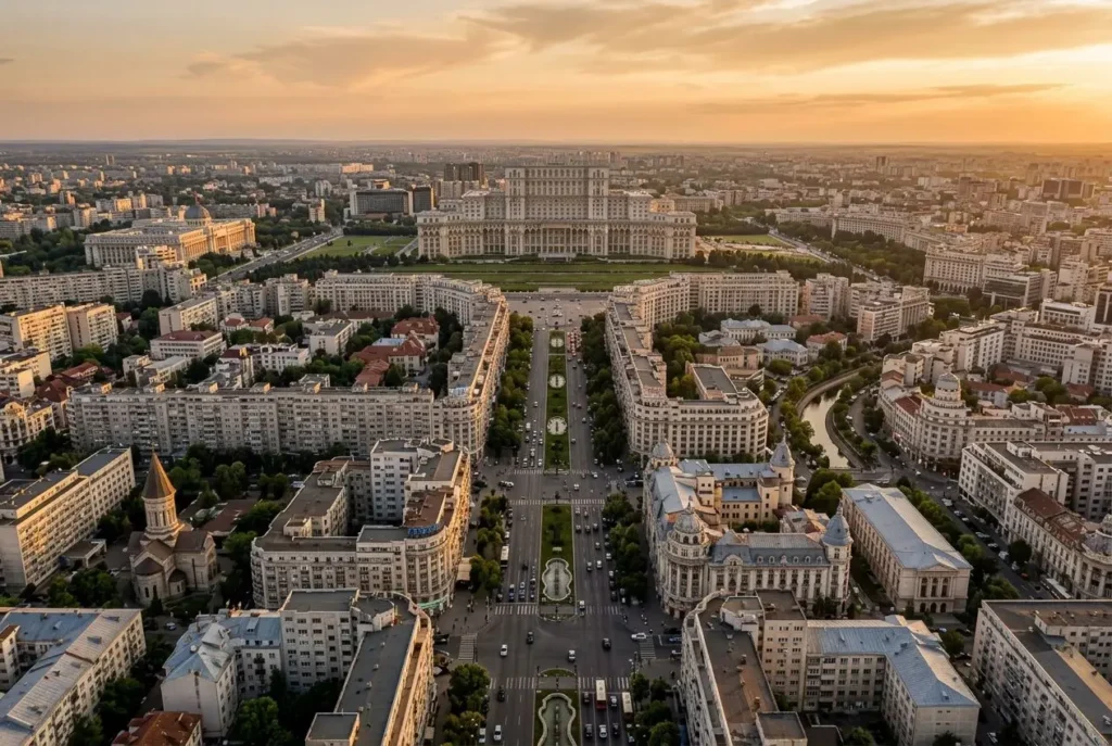 Vue aérienne d’une grande capitale européenne est-centrale: avenues rectilignes, blocs d’immeubles et monuments, au coucher de soleil. prinicipales villes de roumanie y apporte une touche urbaine.