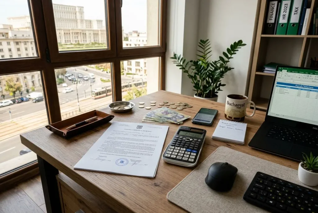 Bureau de travail avec documents, calculatrice, ordinateur et pièces sur le bureau; vue sur la ville par la grande fenêtre. Salaire minimum roumanie 2026 évoqué.