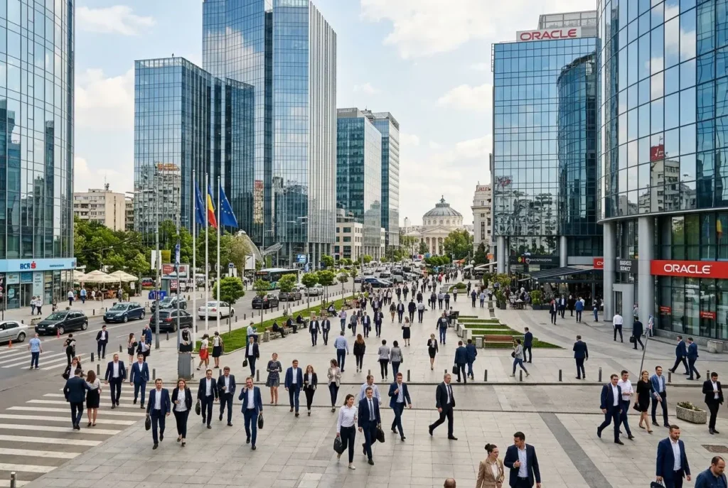 Cadre urbain moderne avec de hauts gratte-ciels et des passants: flux dense autour du marché du travail roumanie, économie dynamique et secteurs porteurs.