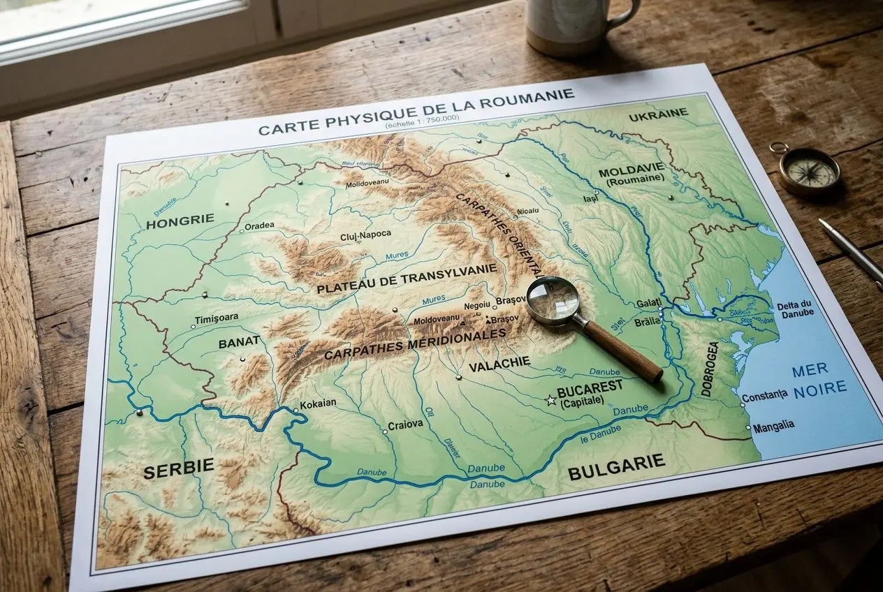 Carte physique de la Roumanie montrant les reliefs et frontières, avec loupe et montre sur Bucarest, illustrant la situation géographique de la Roumanie.