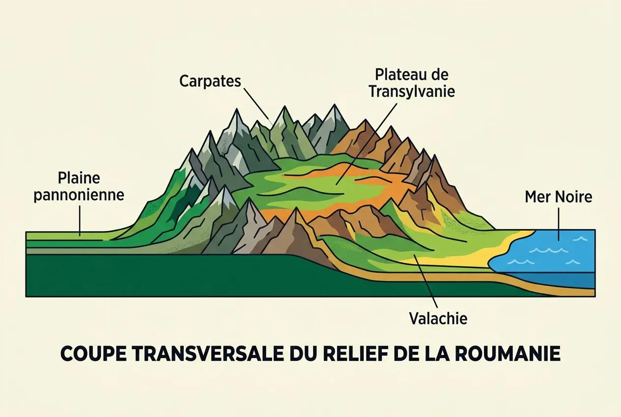 Carte schématique du relief de la Roumanie montrant les Carpathes, le plateau transylvain, la plaine pannonienne, la vallée et la mer Noire, avec titre « Coupe transversale du relief de la Roumanie ». Inclut la notion de situation géographique de la Roumanie.