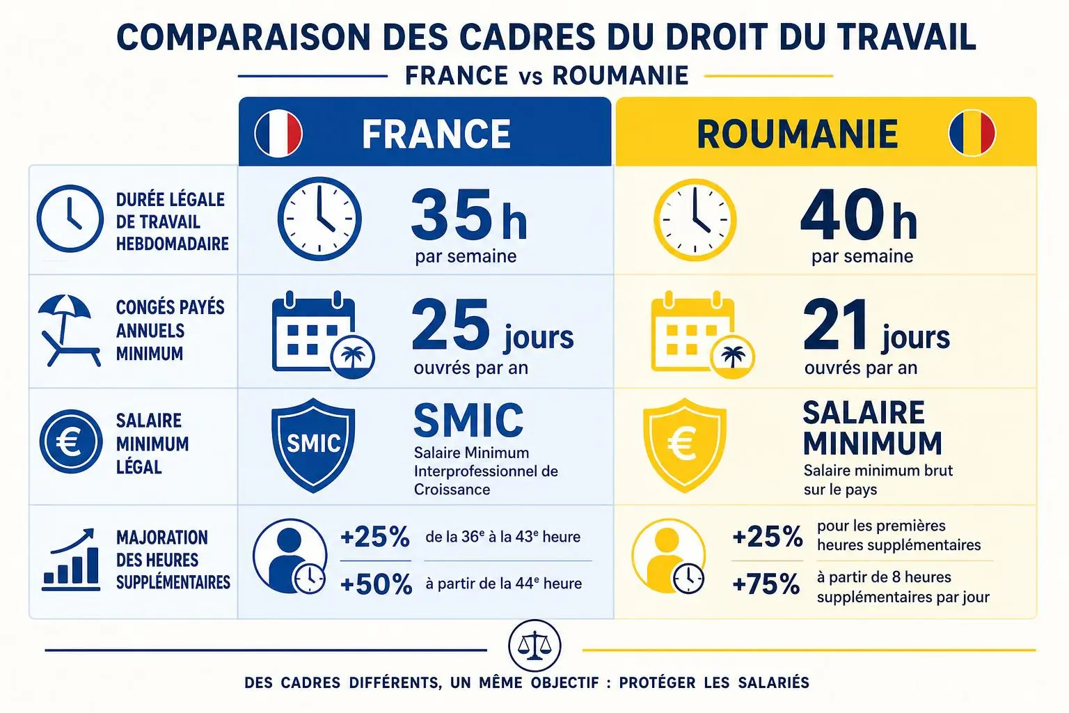 Comparaison des cadres du droit du travail: France vs Roumanie – 40h contre 35h, 21 vs 25 jours ouvrés, SMIC vs salaire minimum brut, majoration heures supplémentaires et congés. Conditions de travail en roumanie.