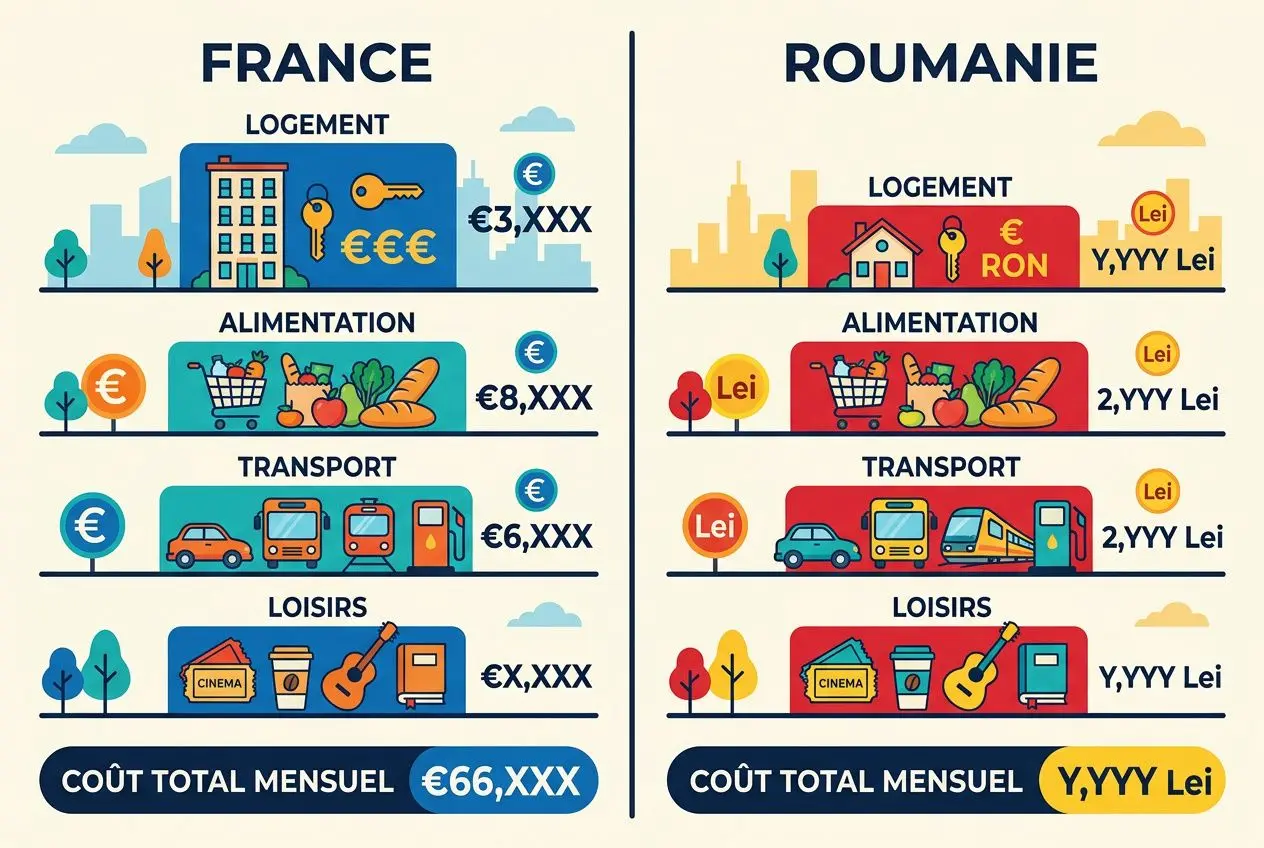 Comparaison de coût de vie: France et Roumanie, logement, alimentation, transport et loisirs avec montants illustrés. Vie en Roumanie actuellement décrite.