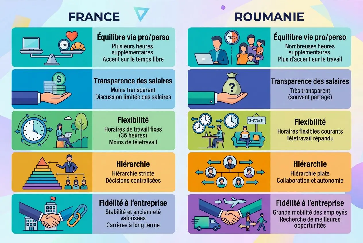 Culture du travail en Roumanie : équilibre pro/perso, transparence des salaires, flexibilité, hiérarchie plate, fidélité à l’entreprise et opportunités.