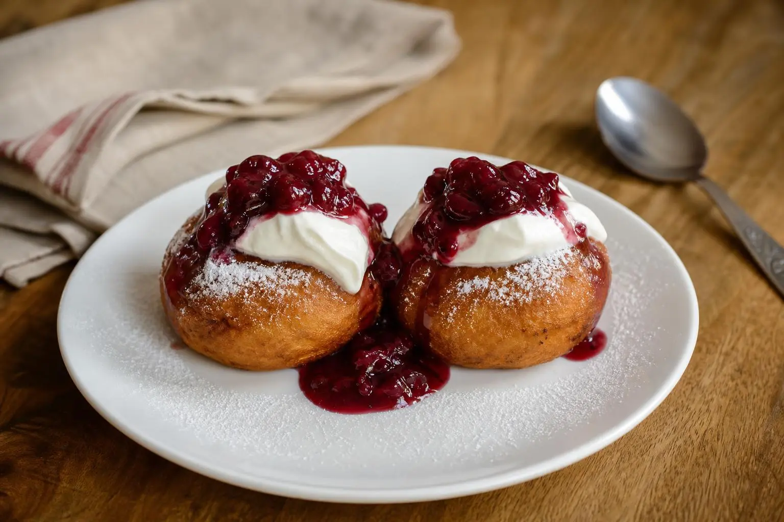 Deux beignets moelleux nappés de sauce ou crème et garnis de compotée aux fruits rouges sur assiette blanche.