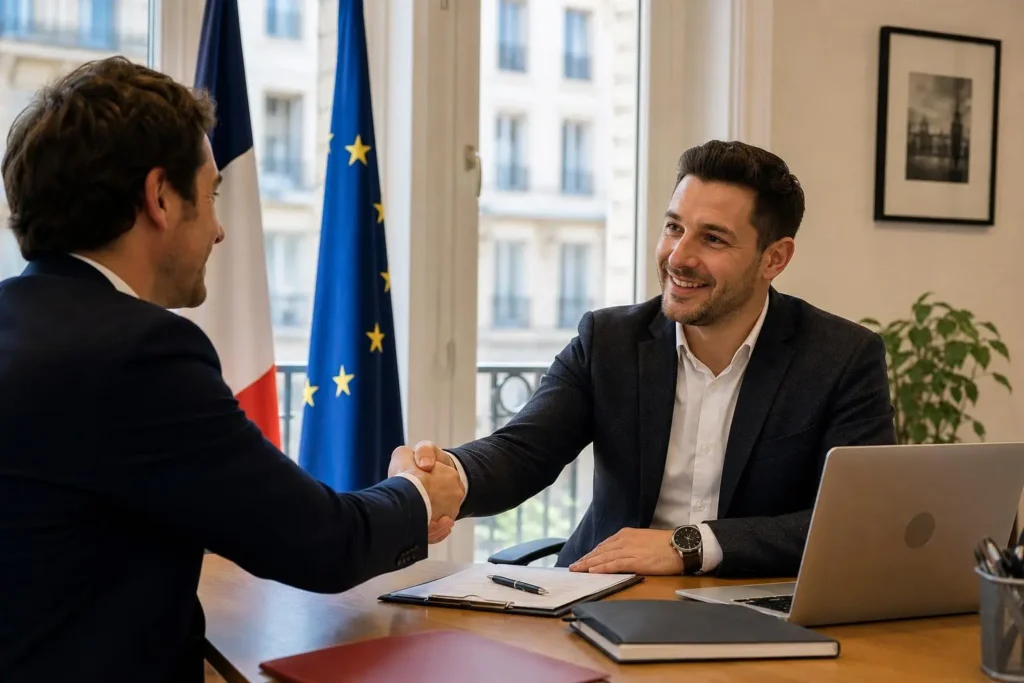 Deux hommes en costume se serrent la main dans un bureau, derrière eux drapeau français et drapeau européen, avec un ordinateur portable et des documents sur le bureau. Travailler roumain en france est illustré.