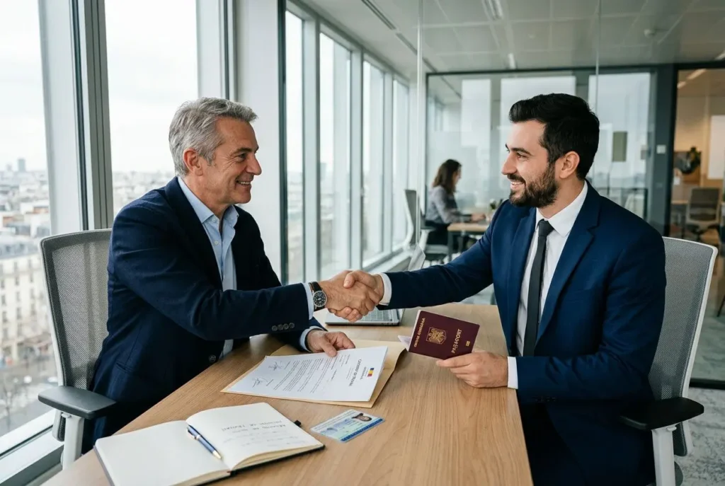 Deux professionnels se serrent la main lors d’un entretien de travail, avec documents et passeport sur la table, signe d’embauche.
