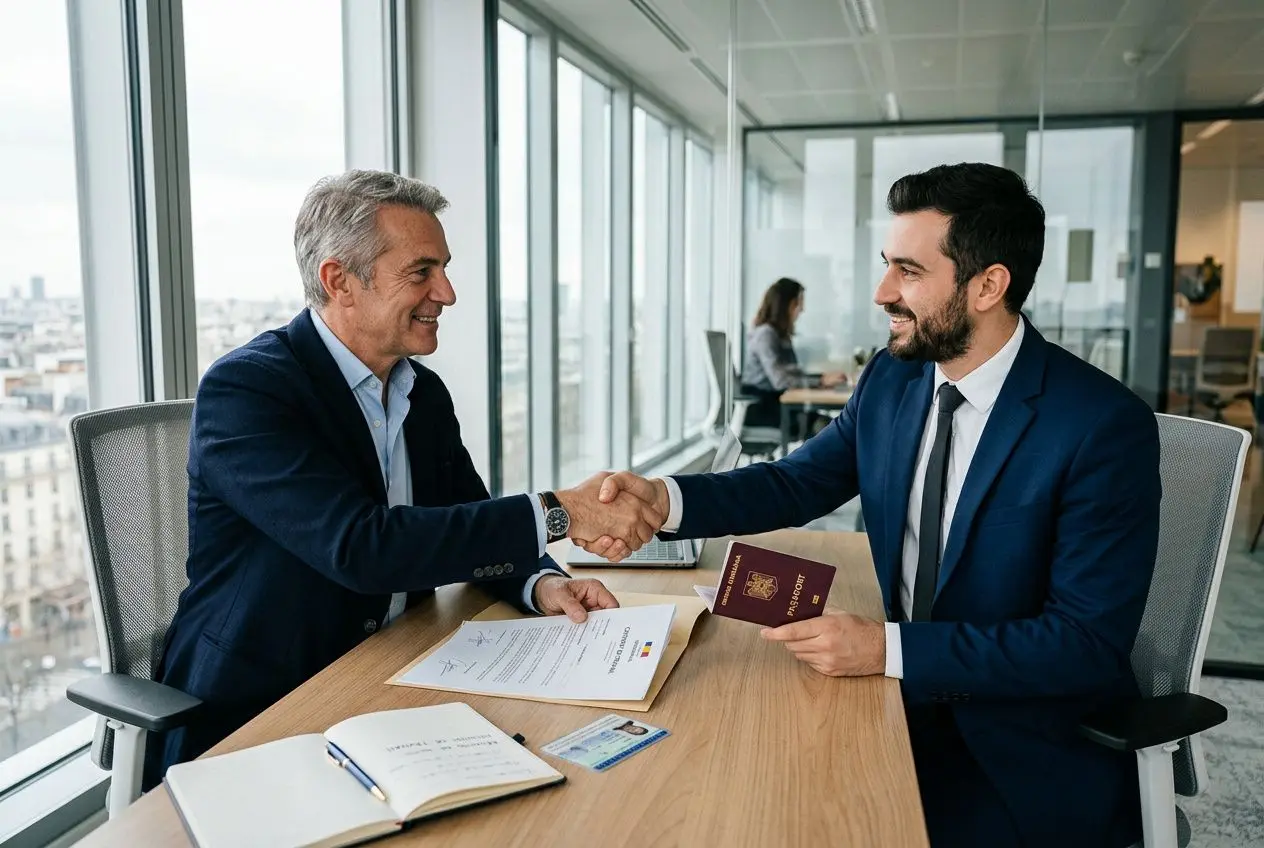 Deux professionnels se serrent la main lors d’un entretien de travail, avec documents et passeport sur la table, signe d’embauche.
