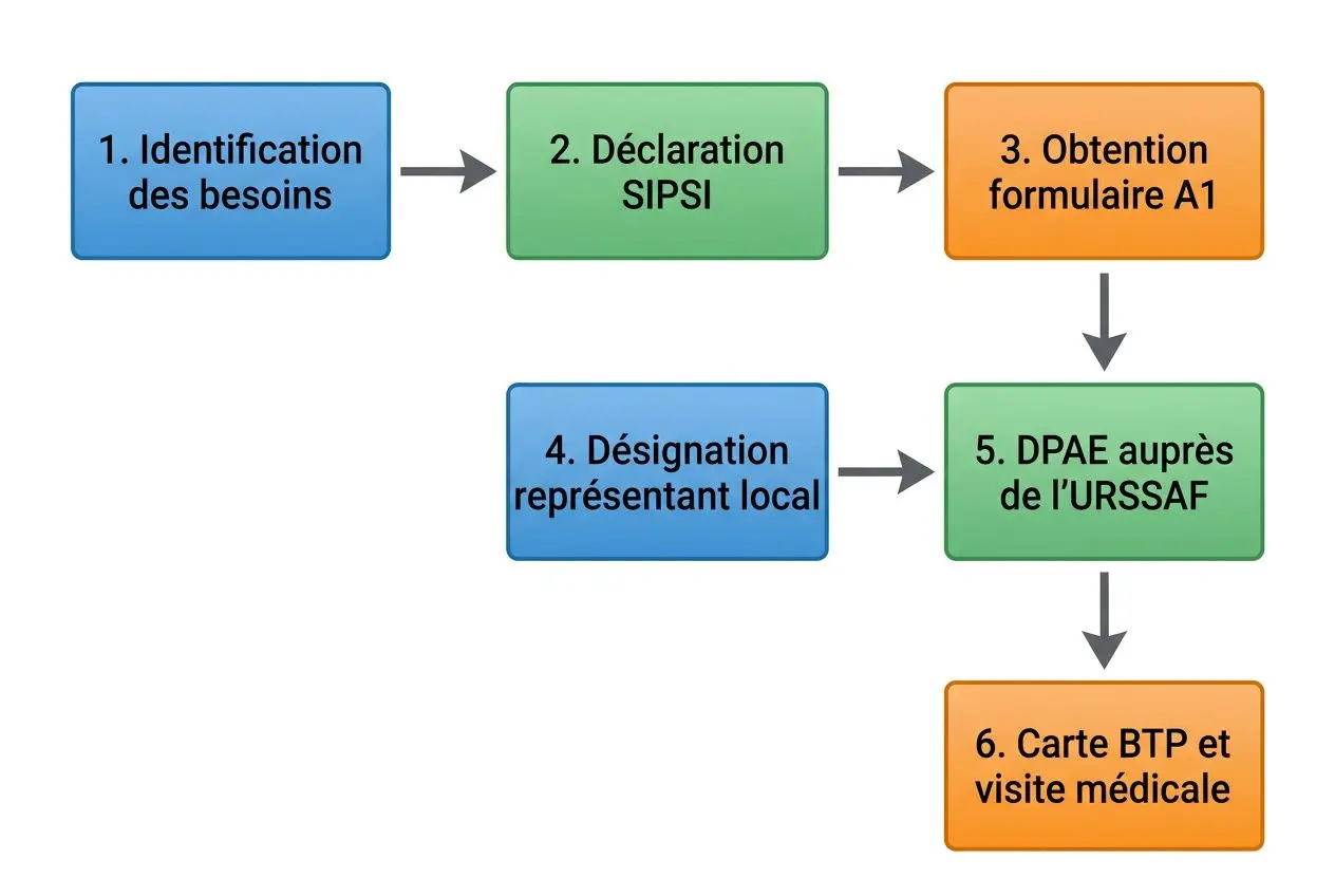 Diagramme de processus pour le travail détaché roumain: étapes d’identification des besoins, déclaration SIPS, obtention du formulaire A1, désignation du représentant local, DPAE auprès de l’URSSAF et carte BTP avec visite médicale.