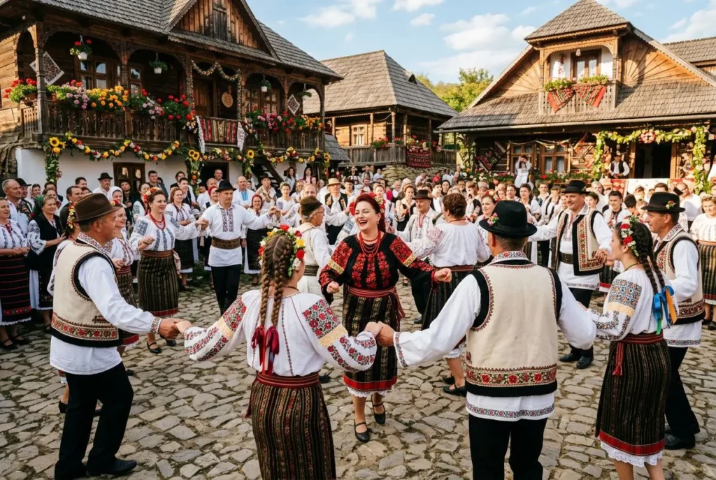 Groupe de personnes en costumes traditionnels roumains dansent en cercle dans une place pavée, décorations florales et maisons en bois typiques en arrière-plan, célébrant les traditions roumaines.