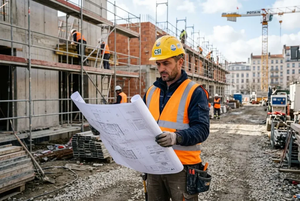 Homme ouvrier sur un chantier au porteur casque et gilet orange, examinant des plans de construction. Travailleurs et scaffolding en arrière-plan. Travail détaché roumain évoqué.