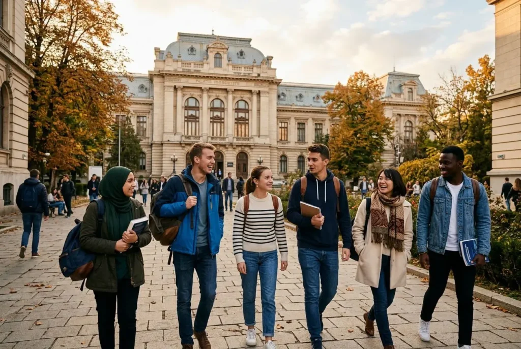 Jeune groupe d’étudiants marchant ensemble devant une bâtisse universitaire, campus bucolique et arbres d’automne. Étudiants sourire et bavardent, certains portent des sacs et des livres. Étudier en roumanie en français, filière et inscriptions évoquées.