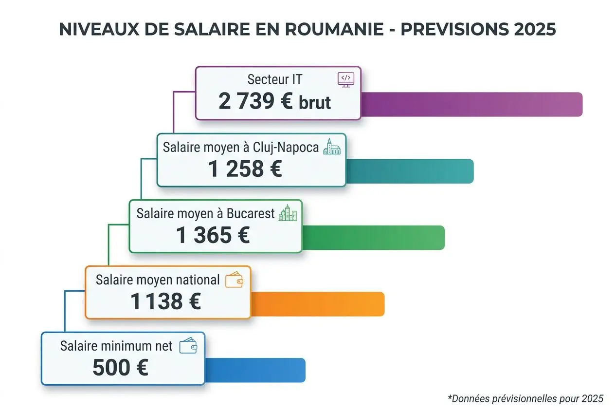 Niveaux de salaire en Roumanie 2025 : barges de diagramme montrant salaire moyen national 1138 €, salaire moyen à Bucarest 1365 €, Cluj-Napoca 1258 €, secteur IT 2739 €, salaire minimum net 500 €. Vie en Roumanie actuellement évoqué.