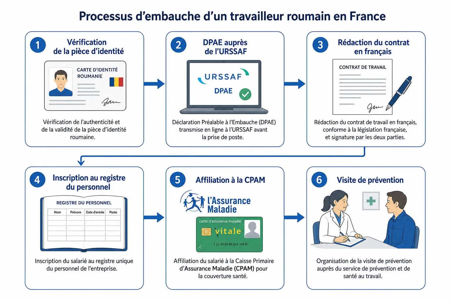 Processus d’embauche d’un travailleur roumain en France étape par étape: vérification d’identité, DPAE, rédaction du contrat, inscription au registre du personnel, affiliation CPAM, visite de prévention. intégration du terme travailler roumain en france.