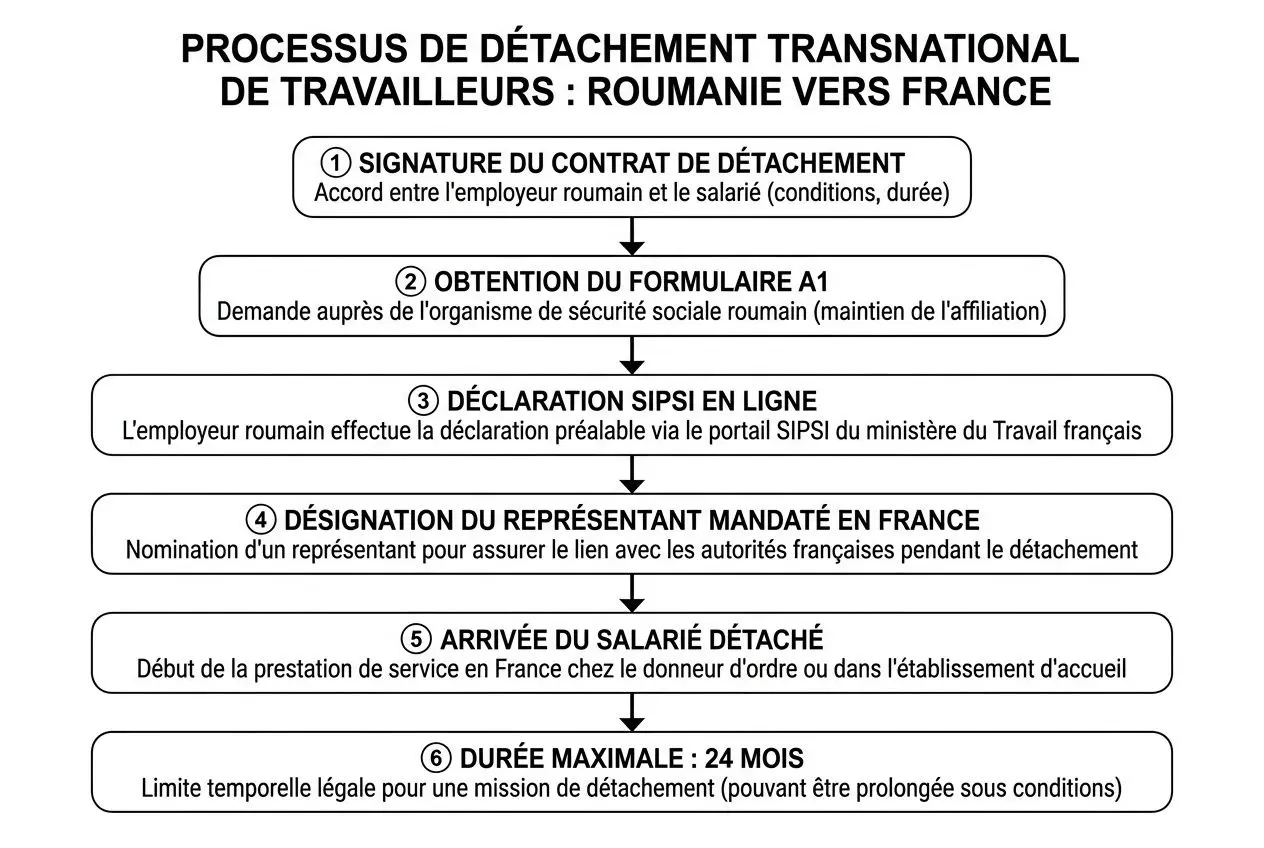 Processus de détachement transnational de travailleurs roumain vers la France, avec signature du contrat, obtention A1 et arrivée du salarié détaché.