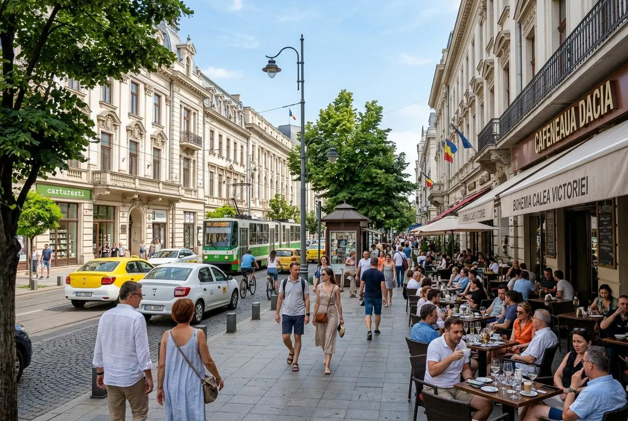 Scène de rue animée en ville européenne, cafés en terrasse, passant et tram devant des bâtiments historiques. vie en roumanie actuellement.