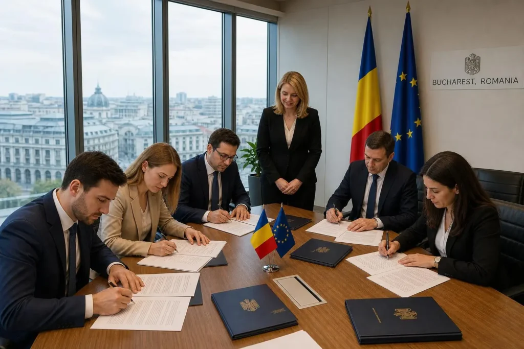 Signature d’accords officiels sur des conditions de travail en Roumanie; personnel en réunion, copies et drapeaux Roumanie et UE sur la table.