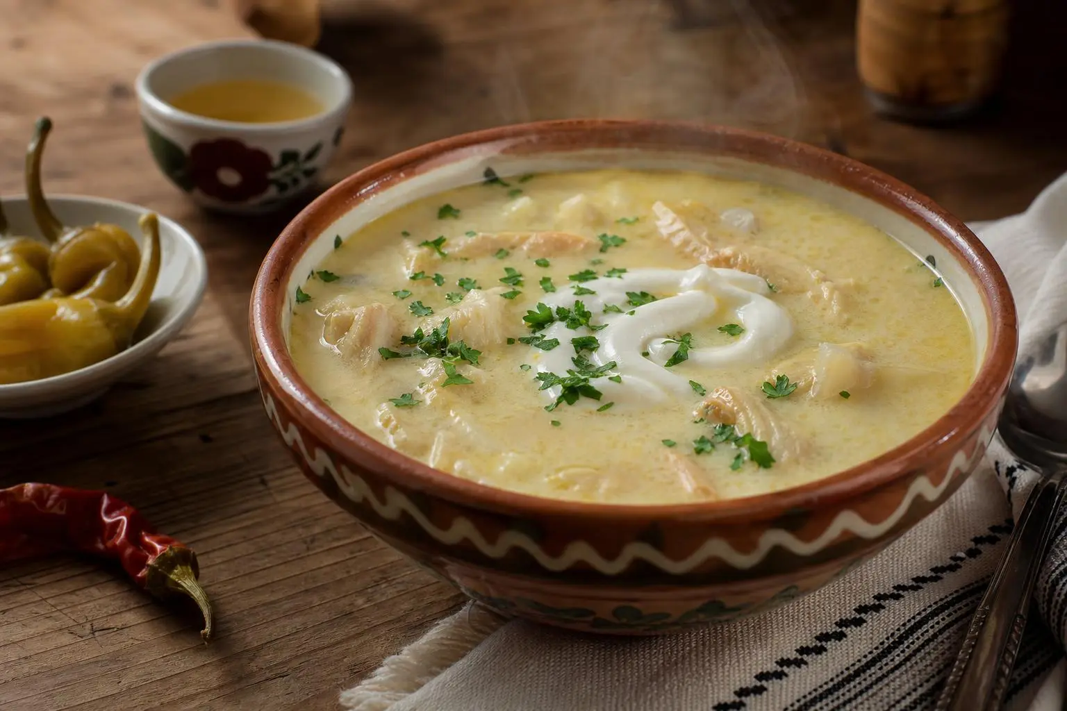 Soupe crémeuse de poulet et légumes dans un bol décoratif, garnie de persil et d’un ruban de crème, accompagnée de condiments. plats traditionnels roumains