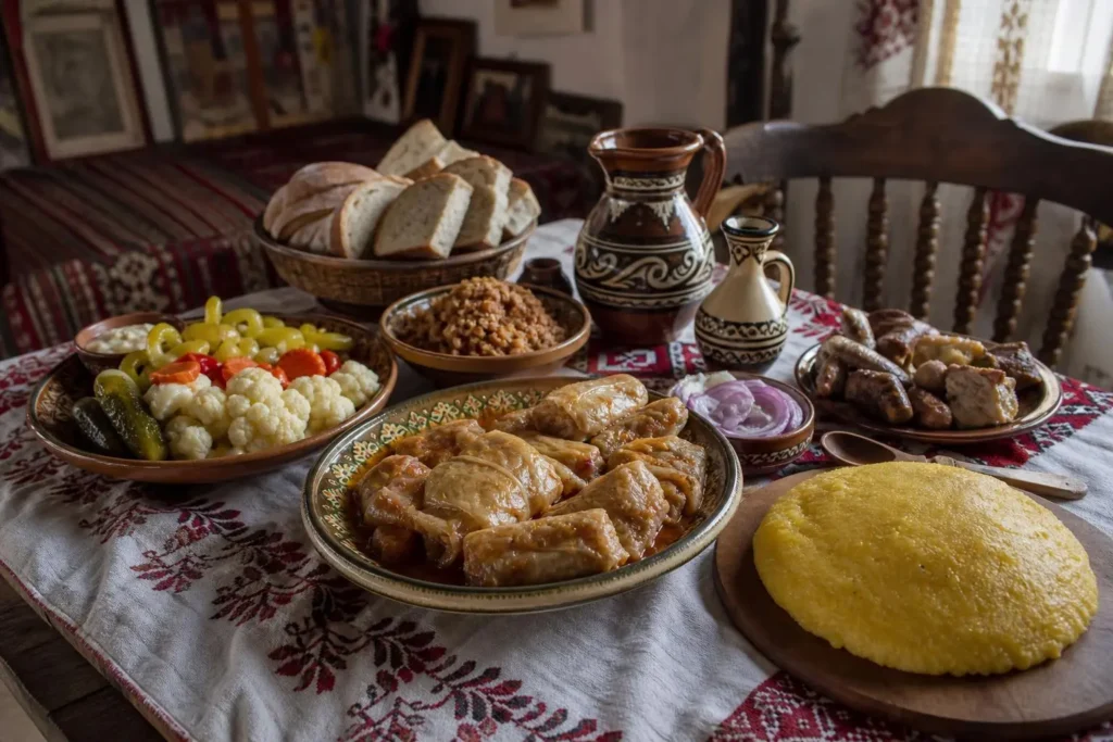 Table copieuse avec sarmale, mămăligă et plats traditionnels roumains, pains et desserts sur nappe décorative.