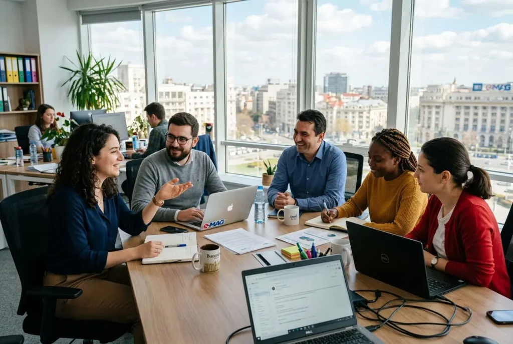 Team réunie autour d'une table de réunion en bureau lumineux, discussions animées et laptops ouvertes, ambiance professionnelle favorisant la culture du travail en roumanie.