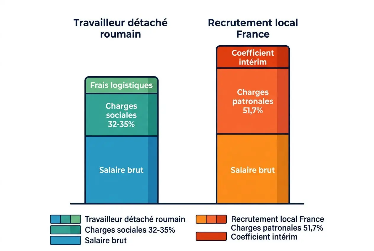 Travailleur détaché roumain et recrutement local France montrés par des barres colorées illustrant les composantes salariales et coûts.
