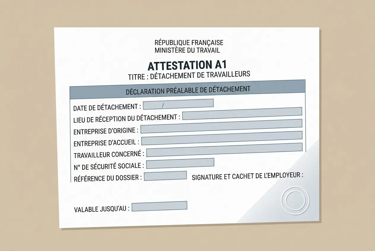 Attestation A1 affichée sur un mur, formulaire de détachement de salarié avec rubriques à remplir (dates, entreprises, numéro de sécurité sociale). document travailleur détaché intégré dans le cadre administratif.