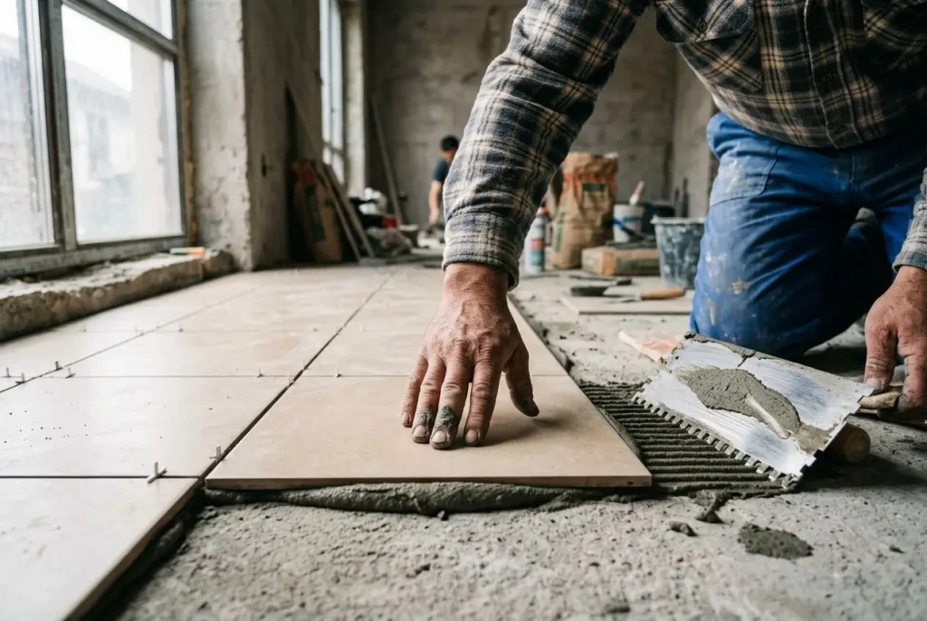 Carreleur roumain posant des carreaux sur le sol et appliquant du mortier dans un chantier.