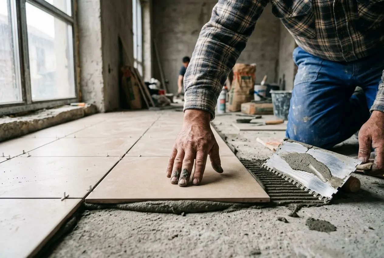 Carreleur roumain posant des carreaux sur le sol et appliquant du mortier dans un chantier.