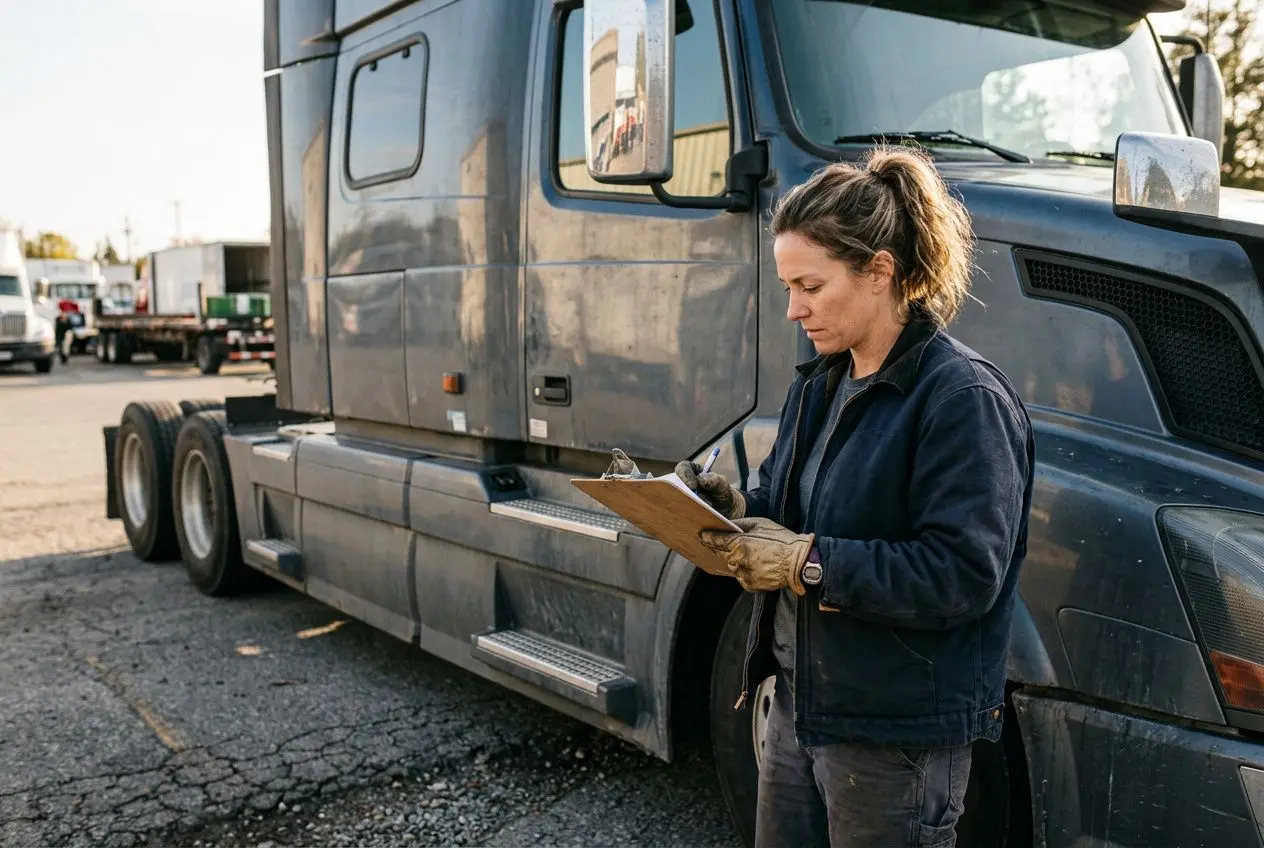 Chauffeur roumain en tournée, inspectant un carnet de suivi près d’un camion porte-benne.