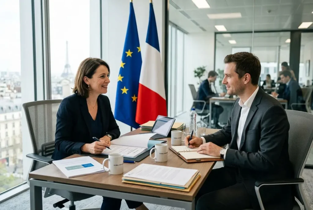 Deux professionnels en réunion au bureau, échange de documents et notes, devant drapeaux France et UE. Détachement de 3 mois définition évoqué.