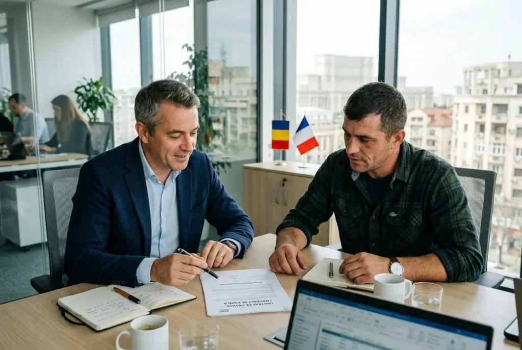Deux professionnels en réunion signent des documents dans un bureau lumineux; drapeaux français et roumain sur le fond. agence interim roumanie en france.