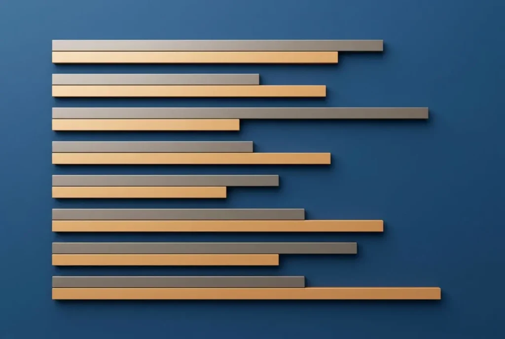Diagramme horizontale sur fond bleu montrant des barres de longueurs variées en nuances doré et gris. clé: salaire moyen en roumanie aujourd hui.