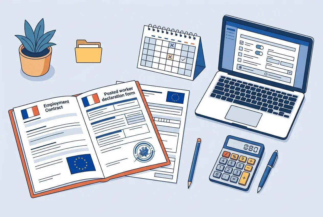 Environnement bureautique avec documents de travail et ordinateur portable, transmettant les formalités administratives d’un soudeur roumain