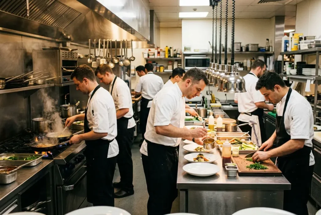 Équipe de chefs en cuisine professionnelle en train de préparer des plats dans une salle dédiée, corps de métiers concentré sur les portions et la présentation. Intérimaire détaché hôtellerie restauration.