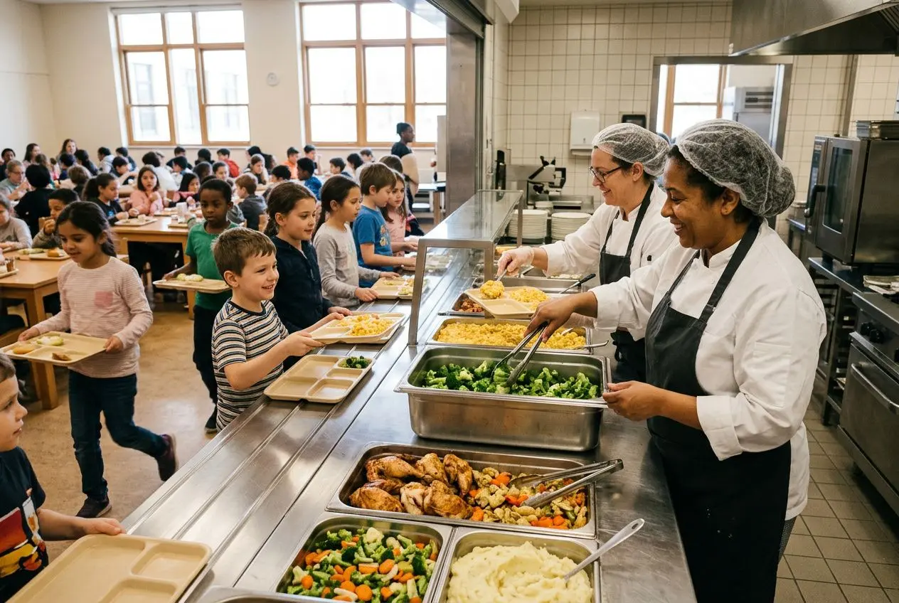 Filets de service en cantine, personnes servent les élèves; agents hôtellerie et restauration en tenue courante et charlottes préparent les plats. intérimaire détaché hôtellerie restauration.