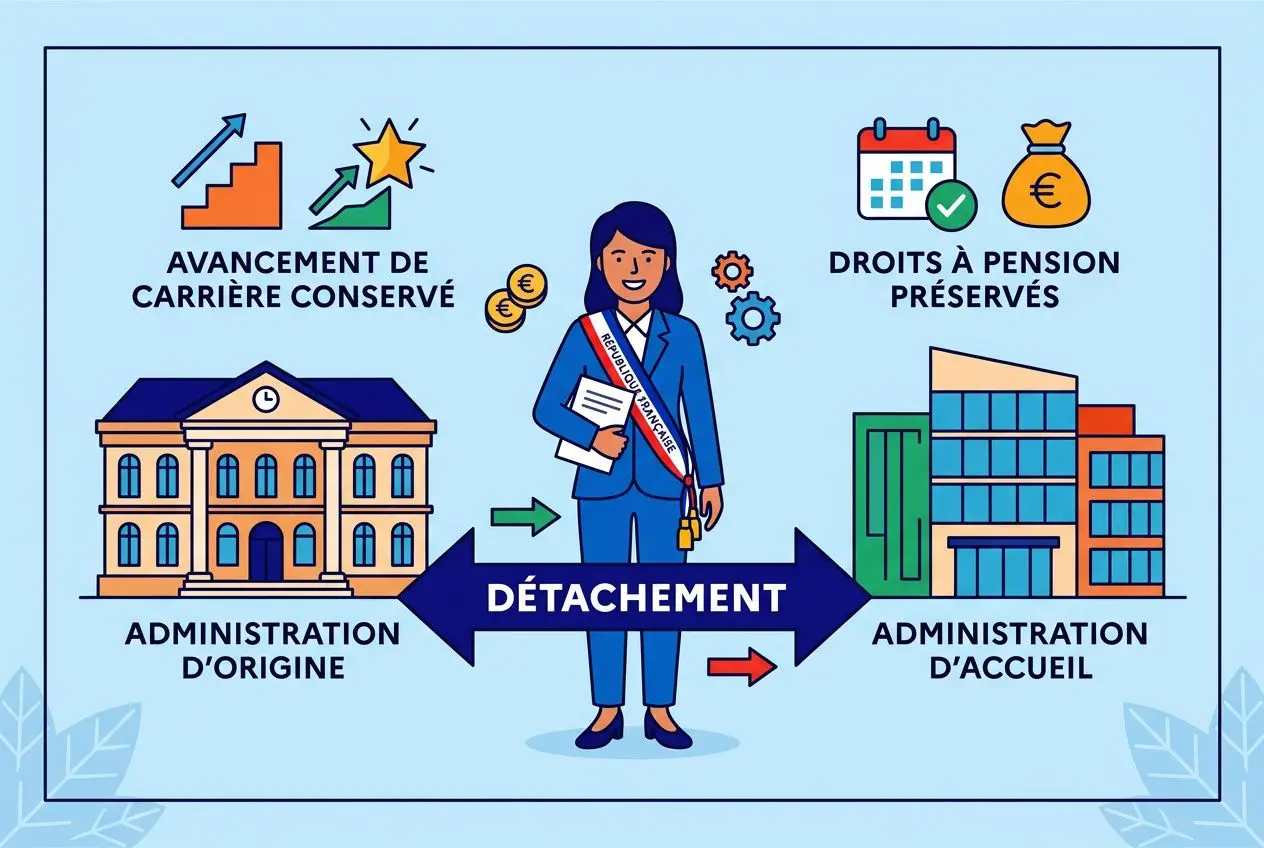 Illustration expliquant le détachement: une femme en costume au centre avec flèche “DÉTACHEMENT” pointant vers l’administration d’accueil, entourée d’icônes et d’éléments représentant progression de carrière, droits à pension, et administration d’origine et d’accueil, illustrant la définition du détachement de 3 mois.