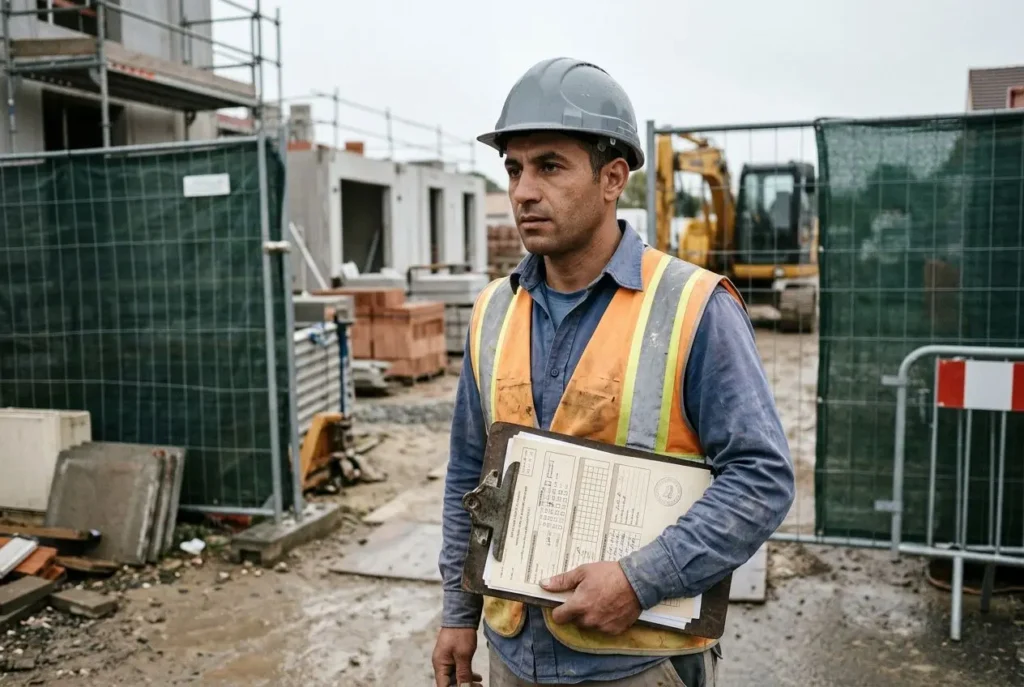 Inspecteur de chantier portant casque et gilet jaune, tenant un dossier sur un site de construction. document travailleur détaché intégré naturellement.