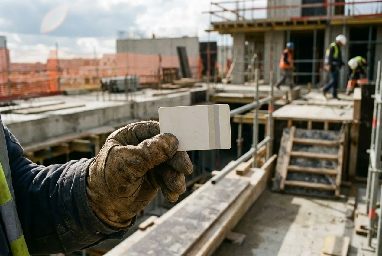 Intérimaire détaché bâtiment : gros plan sur une main gantée montrant une carte d’identification sur un chantier de construction en arrière-plan.