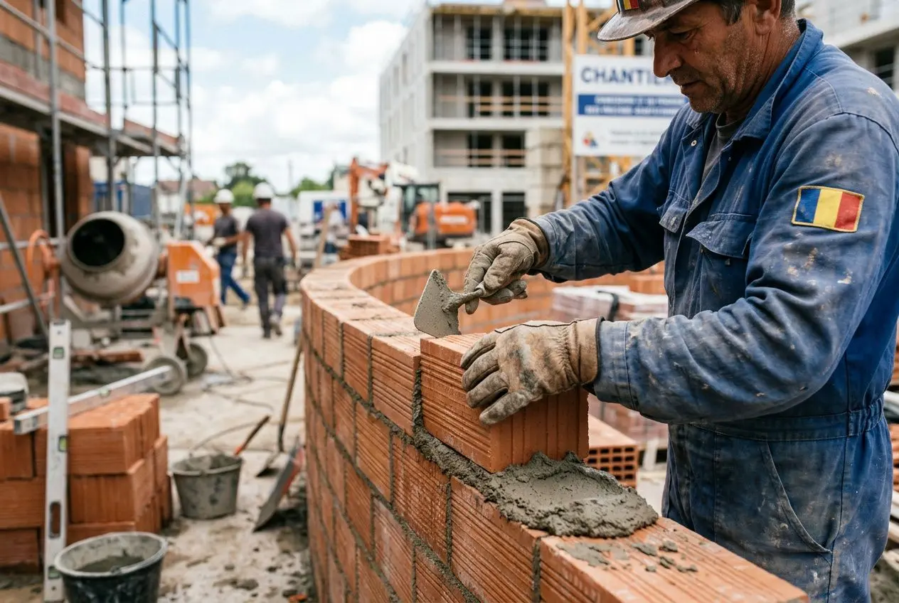 Maçon détaché en France, pose de briques sur un chantier, travail manuel et construction en cours. Recrutement et démarches liés au maçon détaché france recrutement.