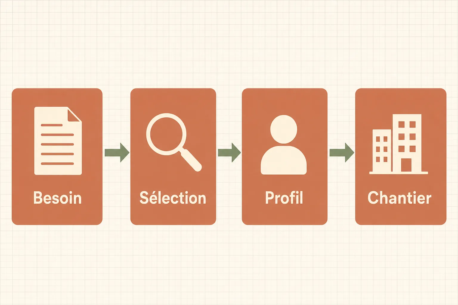 Processus en quatre étapes pour trouver ouvrier qualifié détaché: Besoin → Sélection → Profil → Chantier.