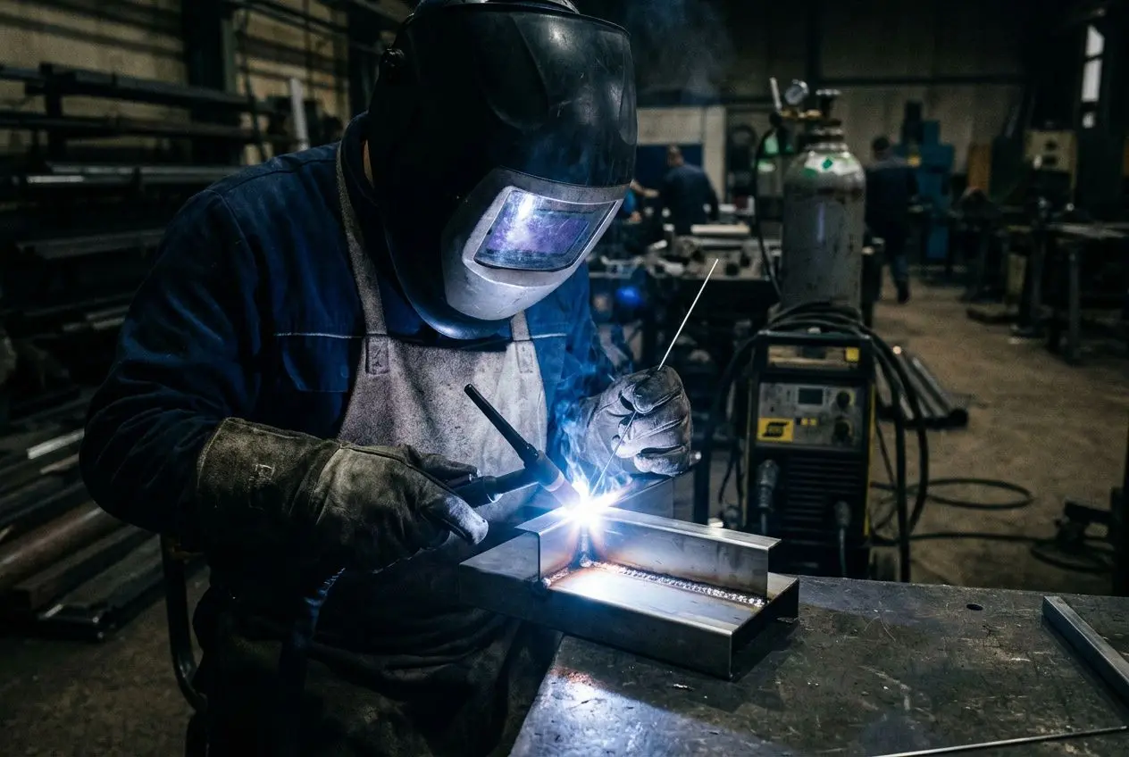 Soudeur roumain en action, portant masque et équipement, soude une pièce métallique sous lumière éclatante dans l’atelier industriel.