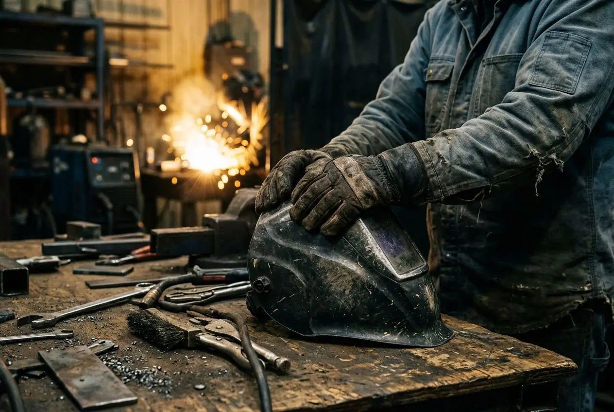 Soudeur roumain au travail, portant un casque anti-bruit et gants, sur une table de travail avec étincelles et outils de soudage.